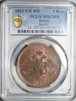 1833 ЕМ ФХ PCGS MS 63 Russia 5 Kopeks Nicholas I Czar Coin POP 3/0 (21052002C)
