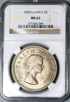 1955 NGC MS 63 South Africa 5 Shillings Elizabeth II Springbok Silver Crown 40K Coin (21012806C)