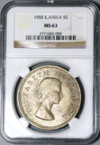 1955 NGC MS 63 South Africa 5 Shillings Elizabeth II Springbok Silver Crown 40K Coin (21012806C)