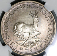 1955 NGC PF 65 South Africa 5 Shillings Elizabeth Silver Proof Springbok Coin (21012805C)