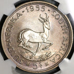 1955 NGC PF 65 South Africa 5 Shillings Elizabeth Silver Proof Springbok Coin (21012805C)