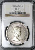 1955 NGC PF 65 South Africa 5 Shillings Elizabeth Silver Proof Springbok Coin (21012805C)