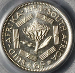 1954 PCGS PR 67 South Africa 6 Pence Gem Proof Protea Flower Silver Coin (23032603C)