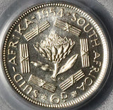 1954 PCGS PR 67 South Africa 6 Pence Gem Proof Protea Flower Silver Coin (23032603C)