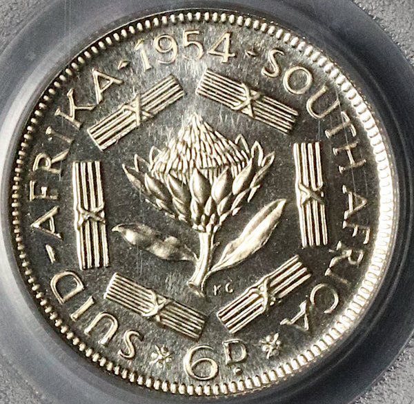 1954 PCGS PR 67 South Africa 6 Pence Gem Proof Protea Flower Silver Coin (23032603C)