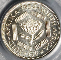 1954 PCGS PR 67 South Africa 6 Pence Gem Proof Protea Flower Silver Coin (23032603C)