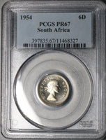 1954 PCGS PR 67 South Africa 6 Pence Gem Proof Protea Flower Silver Coin (23032603C)