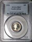 1954 PCGS PR 67 South Africa 6 Pence Gem Proof Protea Flower Silver Coin (23032603C)