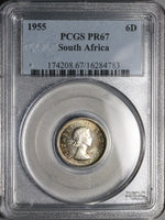 1955 PCGS PR 67 South Africa 6 Pence Gem Proof Protea Flower Silver Coin (23032604C)