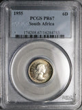 1955 PCGS PR 67 South Africa 6 Pence Gem Proof Protea Flower Silver Coin (23032604C)