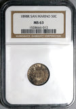 1898 NGC MS 63 San Marino 50 Centesimi Silver Mint State Coin 40K (22012601C)