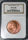 1950 NGC MS 66 Somalia 10 Centesimi Elephant AH 1369 BU Coin (21051503C)