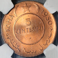 1950 NGC MS 65 Somalia 5 Centesimi Elephant AH 1369 RED BU Coin (21051502C)