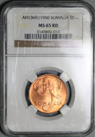 1950 NGC MS 65 Somalia 5 Centesimi Elephant AH 1369 RED BU Coin (21051502C)