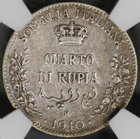 1910 NGC XF 40 Italian Somaliland 1/4 Rupia Italy Colonial Silver Coin (18123003C)