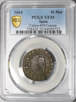 1664 PCGS VF 35 Spain 16 Maravedis Double Struck Mint Error Philip IIII Cuenca Coin POP 1/0 (22032602C