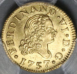 1757 PCGS UNC Spain 1/2 Escudo Ferdinand VI Gold Madrid Mint Coin (22102002C)