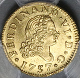 1757 PCGS UNC Spain 1/2 Escudo Ferdinand VI Gold Madrid Mint Coin (22102002C)