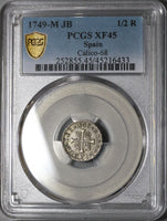 1749-M PCGS XF 45 Spain 1/2 Real Ferdinand VI Madrid Mint Silver Coin POP 1/0 (22112102C)