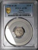 1758-M PCGS AU 50 Spain 1/2 Real Ferdinand VI Madrid Mint Silver Coin POP 1/0 (22120901D)