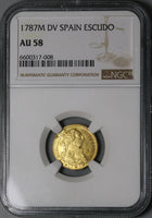 1787-M NGC AU 58 Spain 1 Escudo Charles III Madrid Mint Gold Coin (23011501D)