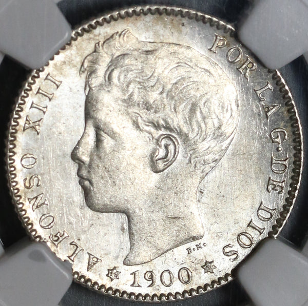 1900 NGC MS 63 Spain 1 Una Peseta Silver Alfonso XIII Coin (21012704C)