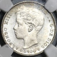 1900 NGC MS 63 Spain 1 Una Peseta Silver Alfonso XIII Coin (21012704C)