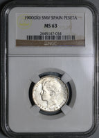 1900 NGC MS 63 Spain 1 Una Peseta Silver Alfonso XIII Coin (21012704C)