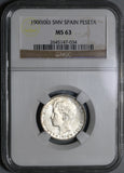 1900 NGC MS 63 Spain 1 Una Peseta Silver Alfonso XIII Coin (21012704C)