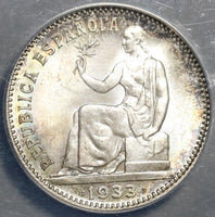 1933 (34) Spain 1 One Un Peseta Silver Pillars ANACS MS 64 Coin (21012401C)