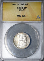 1933 (34) Spain 1 One Un Peseta Silver Pillars ANACS MS 64 Coin (21012401C)