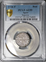 1726 PCGS AU 55 Spain 1 Real Philip V Segovia Mint Silver Coin (20060304C)