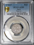 1726 PCGS AU 55 Spain 1 Real Philip V Segovia Mint Silver Coin (20060304C)