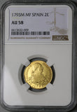 1793 NGC AU 58 Spain 2 Escudos Charles IV Madrid Gold Coin (22120501D)