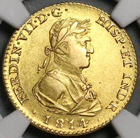 1814/3-M NGC AU 53 Spain 2 Escudos Ferdinand VII Madrid Military Bust Gold Coin (22052301D)