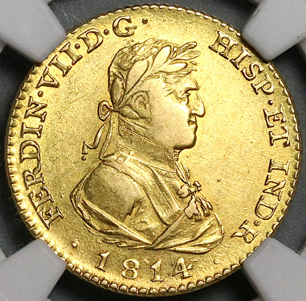 1814/3-M NGC AU 53 Spain 2 Escudos Ferdinand VII Madrid Military Bust Gold Coin (22052301D)