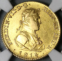 1814/3-M NGC AU 53 Spain 2 Escudos Ferdinand VII Madrid Military Bust Gold Coin (22052301D)