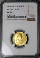 1814/3-M NGC AU 53 Spain 2 Escudos Ferdinand VII Madrid Military Bust Gold Coin (22052301D)