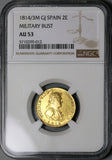 1814/3-M NGC AU 53 Spain 2 Escudos Ferdinand VII Madrid Military Bust Gold Coin (22052301D)