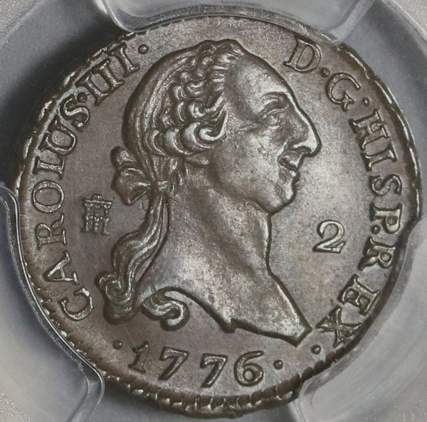 1776 PCGS AU 58 Spain 2 Maravedis Charles III Colonial Copper Coin (21062804C)