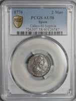 1776 PCGS AU 58 Spain 2 Maravedis Charles III Colonial Copper Coin (21062804C)