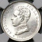1905 NGC MS 63+ Spain 2 Pesetas Alfonso XIII Silver Coin (23030603C)