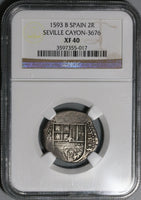 1593-B NGC XF 40 Spain 2 Reales Seville Philip II Cob Silver Coin (20051902C)