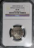 1593-B NGC XF 40 Spain 2 Reales Seville Philip II Cob Silver Coin (20051902C)