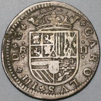 1707 Spain 2 Reales Carlos III Silver Barcelona Austria Pretender Coin (20083001S)
