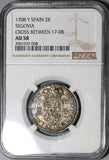1708 NGC AU 58 Spain 2 Reales Philip V Silver Segovia Coin POP 1/1 (20021602C)