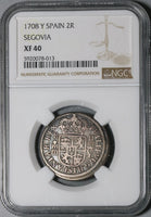 1708 NGC XF 40 Spain 2 Reales Philip V Silver Segovia Coin POP 2/0 (21080401C)
