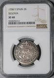 1708 NGC XF 40 Spain 2 Reales Philip V Silver Segovia Coin POP 2/0 (21080401C)