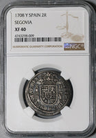 1708 NGC XF 40 Spain 2 Reales Philip V Silver Segovia Coin POP 2/0 (21060301D)