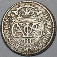 1710 Spain 2 Reales Carlos III Silver Barcelona Austria Pretender VF Coin (20121702R)